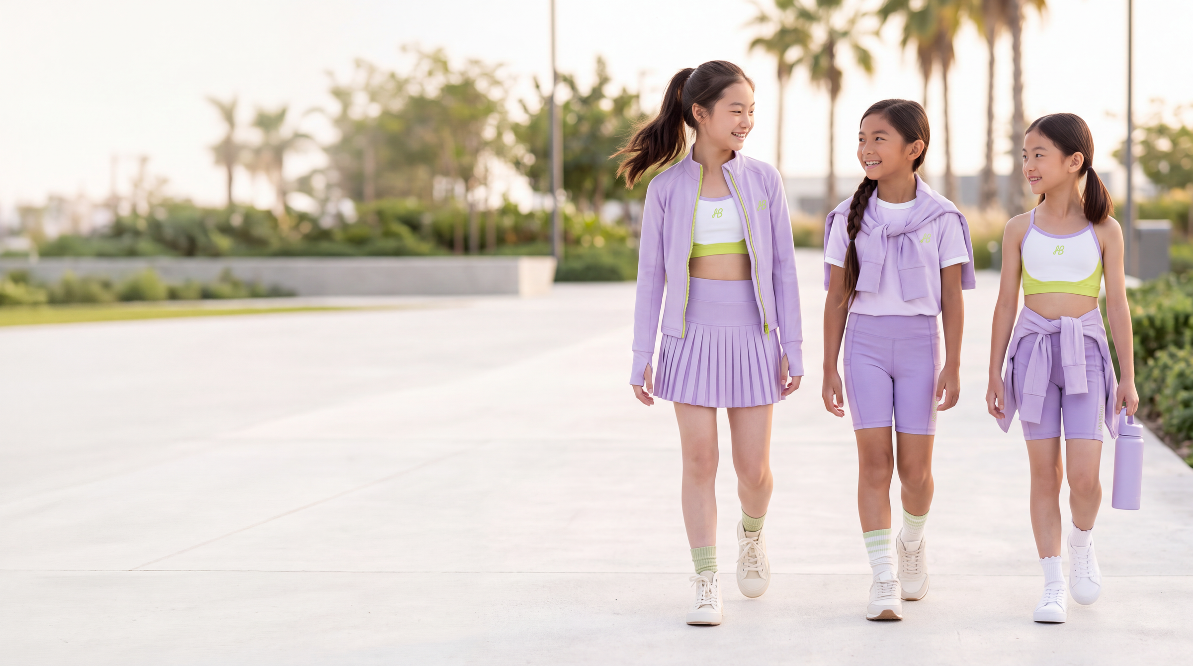 Three girls walking outdoors on a sunny paved path wearing matching light purple athletic outfits with neon yellow crop tops.