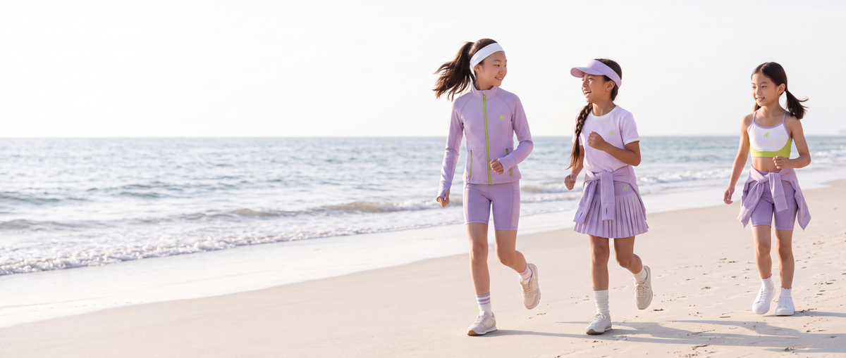 Three girls jogging on a sandy beach wearing matching light purple athletic sets, with the ocean and pale sky in the background.